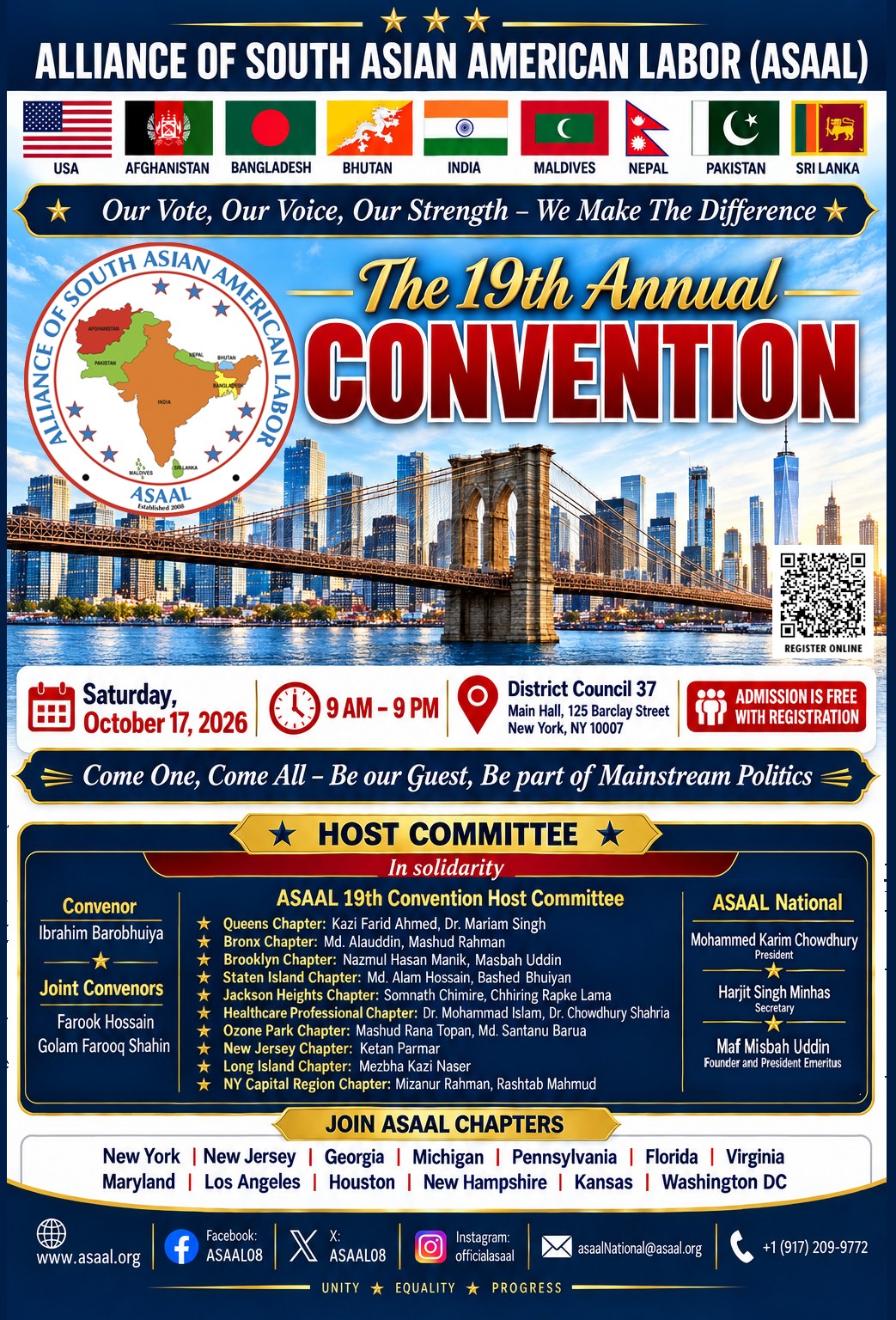 ASAAL 19th Annual Convention flyer — Saturday, October 17, 2026, 9 AM to 9 PM, District Council 37 Main Hall, 125 Barclay Street, New York, NY 10007. Admission is free with registration. Scan the QR code to register online.
