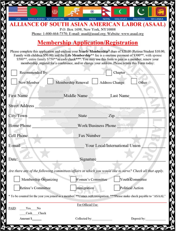 Preview of the printable ASAAL membership application form